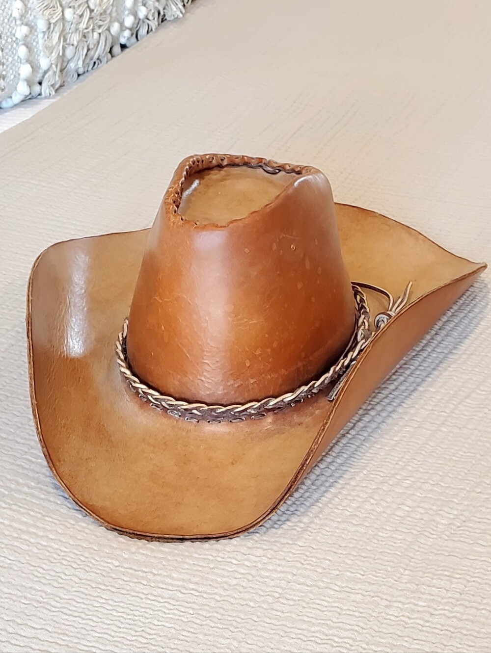 1974 Handmade Stiff Structure Veg-Tanned Saddle Leather Ranch Cowboy Hat Vintage